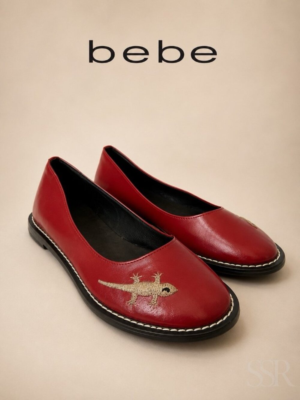 bebe Red Leather Embroidered Gecko Ballet Flats Loafers Size 8 8.5 Whimsical